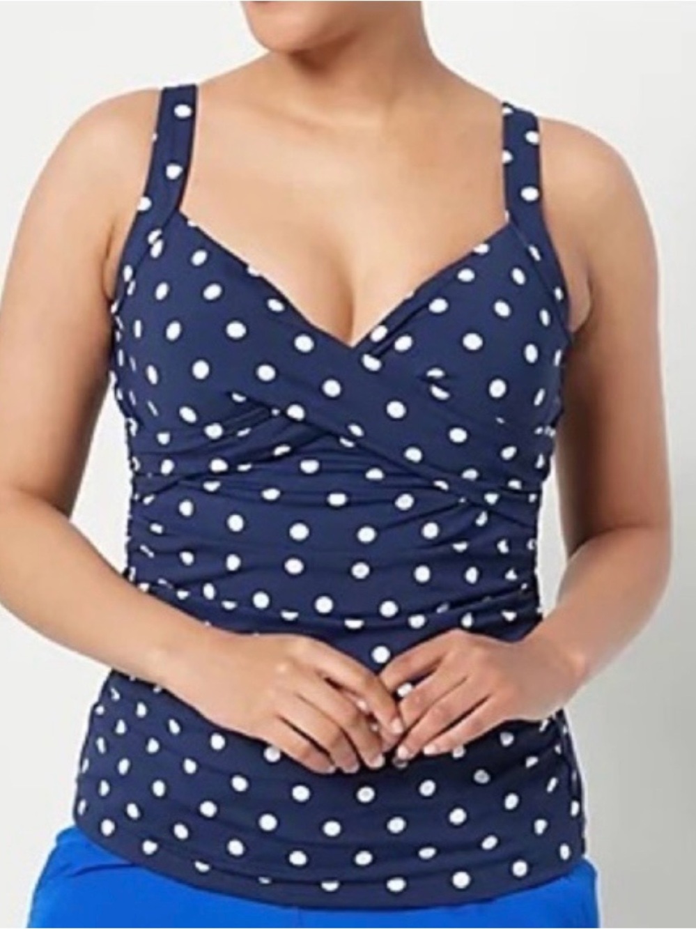 Lands End Tankini Swimsuit Top Women Sz 14 Navy Polka Dot Wrap Underwire UPF 50